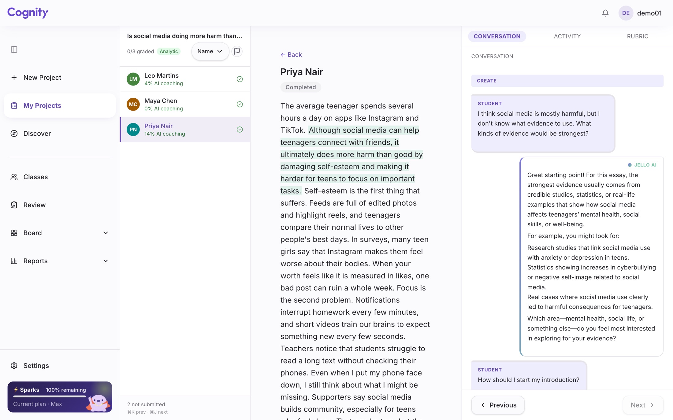 Cognity review screen: a student's essay with the passages that match the AI tutor highlighted, beside the conversation that produced them